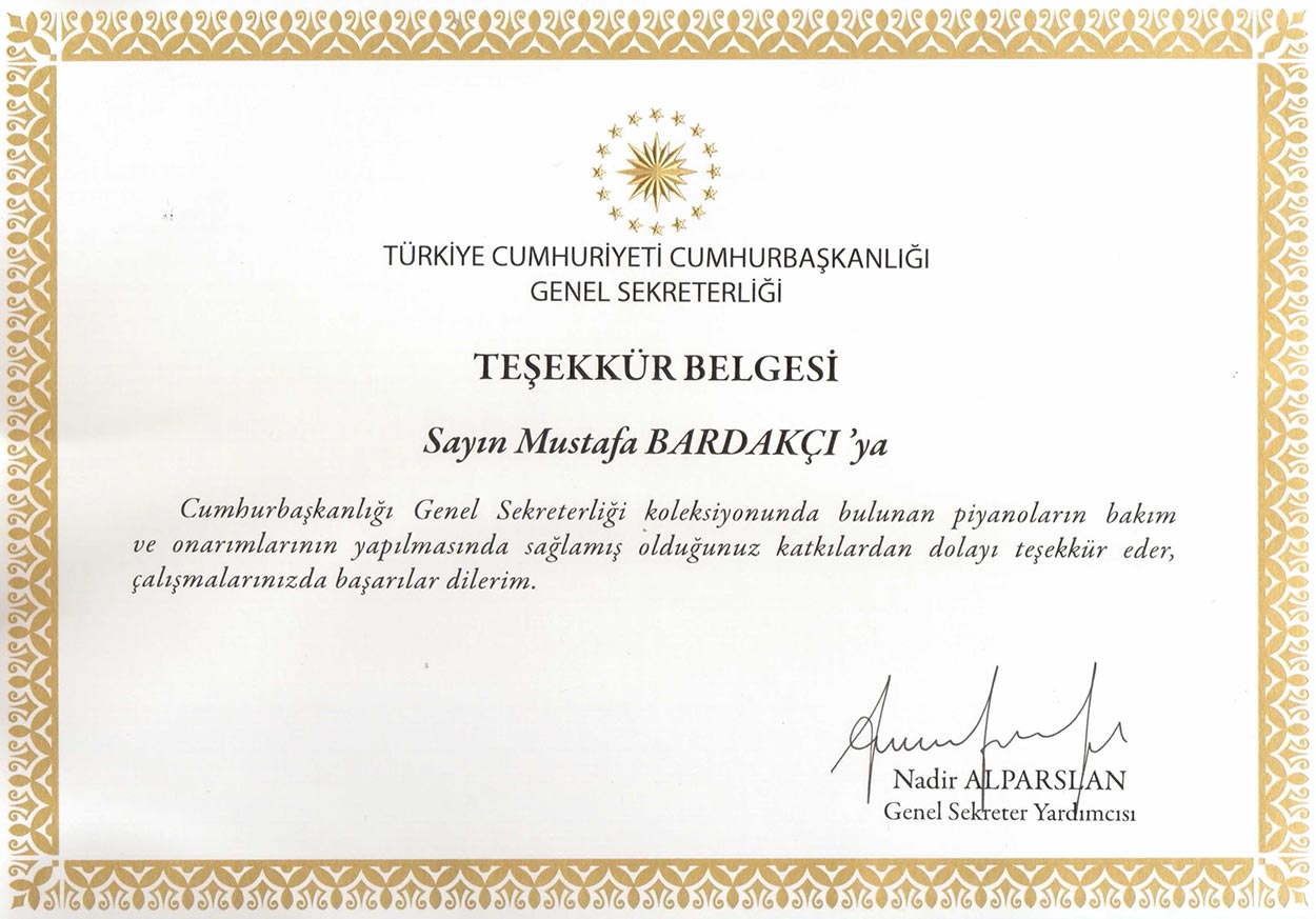 Cumhurbaşkanlığı Piyano Tamiri Teşekkürü