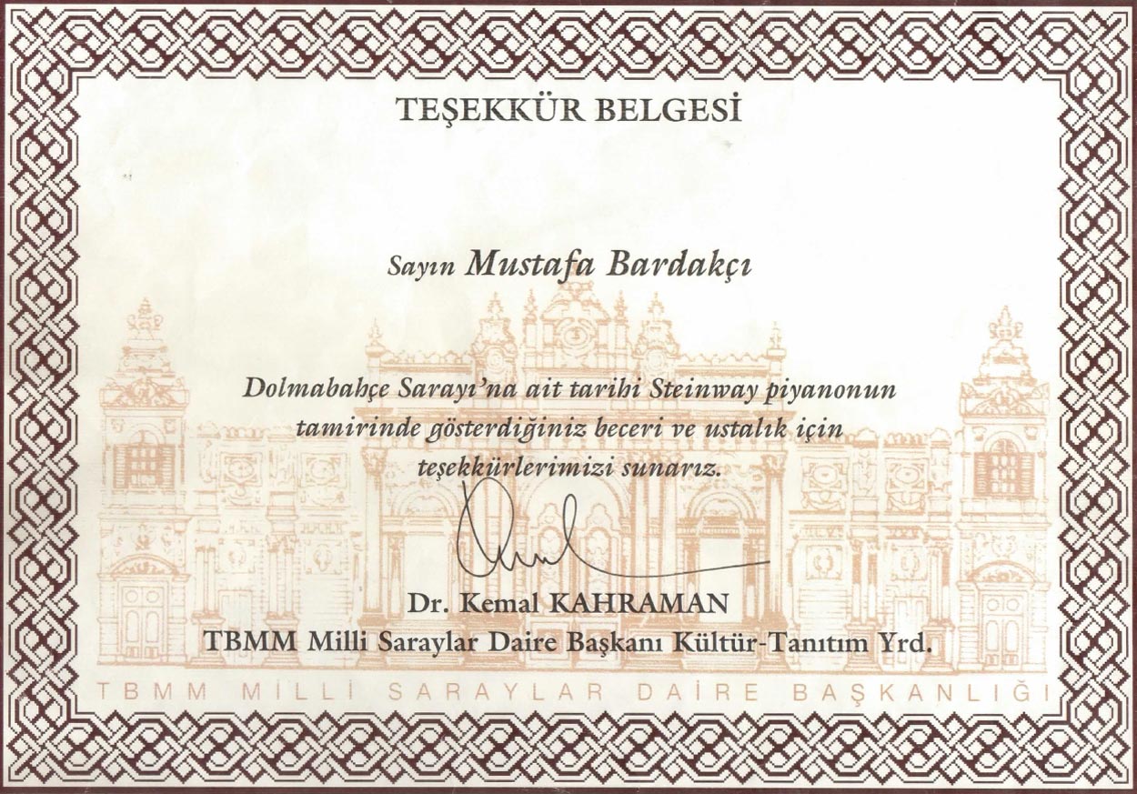 Cumhurbaşkanlığı Piyano Tamiri Teşekkürü